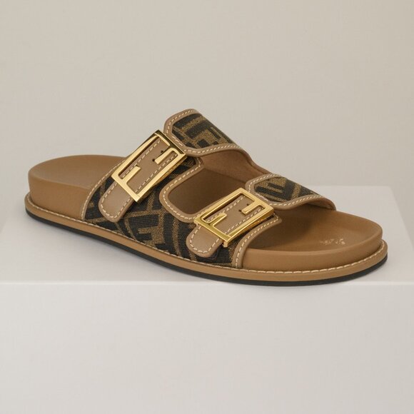 Fendi Feel FF Fabric Sandals, Tobacco Nero, EU 40/US 10 - Picture 1 of 12